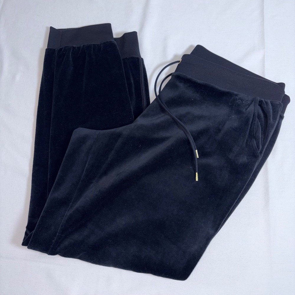 Juicy Couture Velour Jogger Pants XL Black Drawstring Logo cuffed ankles